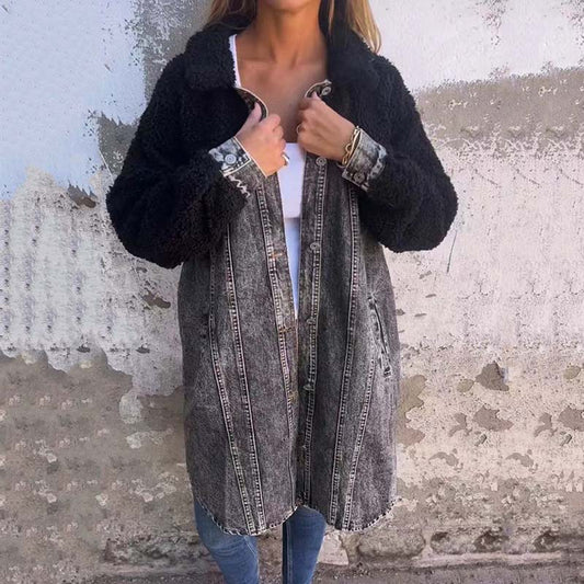 🍂Yeni Kadın Şerpa Astarlı Uzun Denim Gömlek Ceket